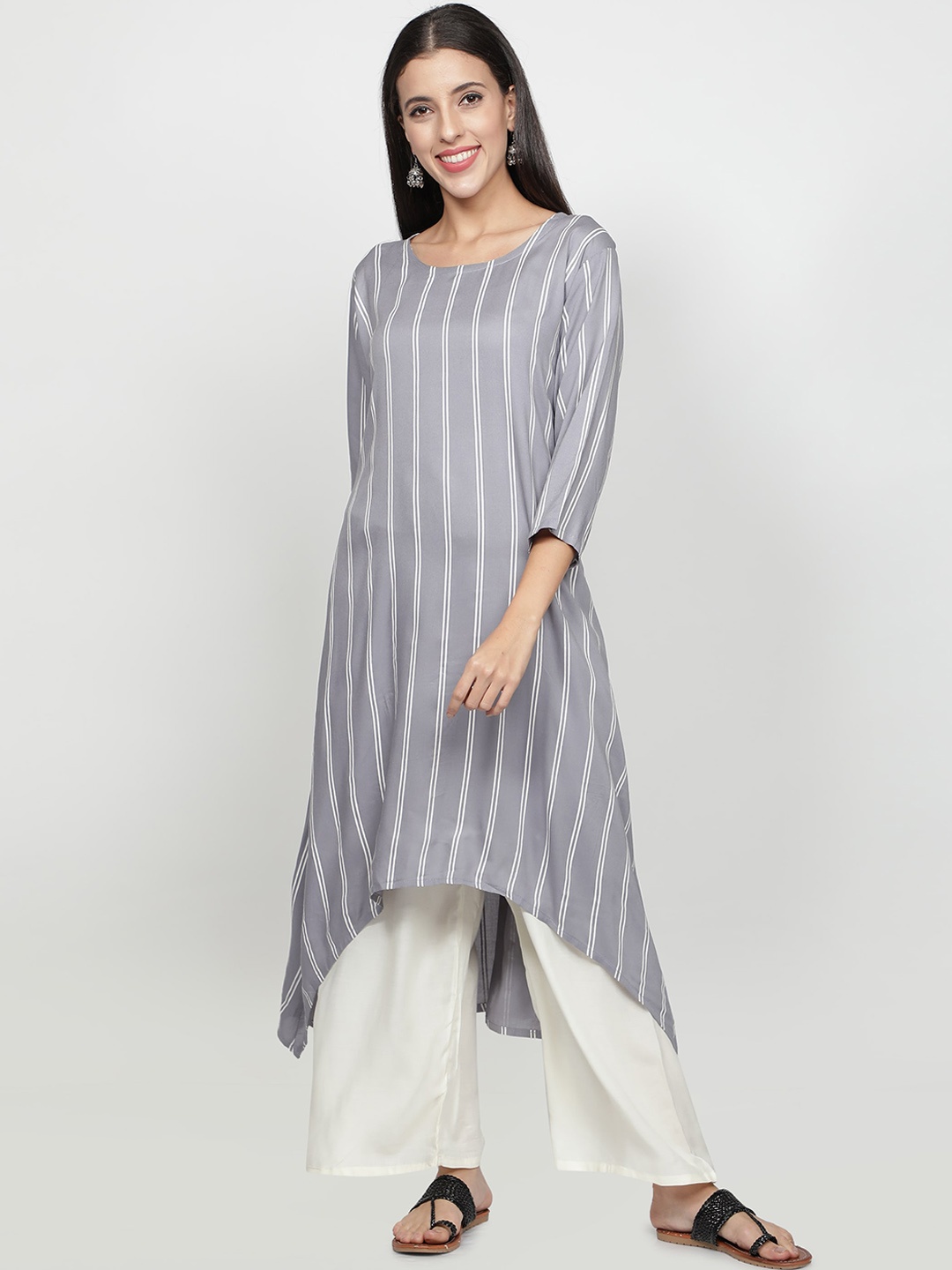 

Fabclub Women Grey Striped Kurta with Palazzos
