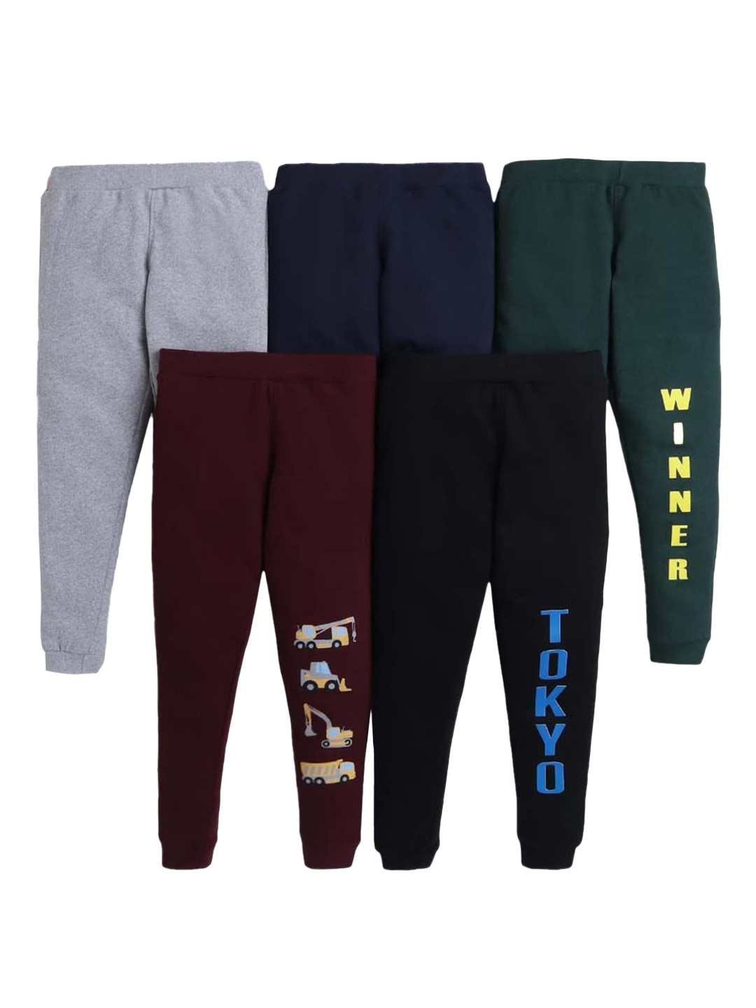 

Hopscotch Boys Pack Of 5 Grey & Navy Blue Regular Fit Typography Printed Cotton Joggers