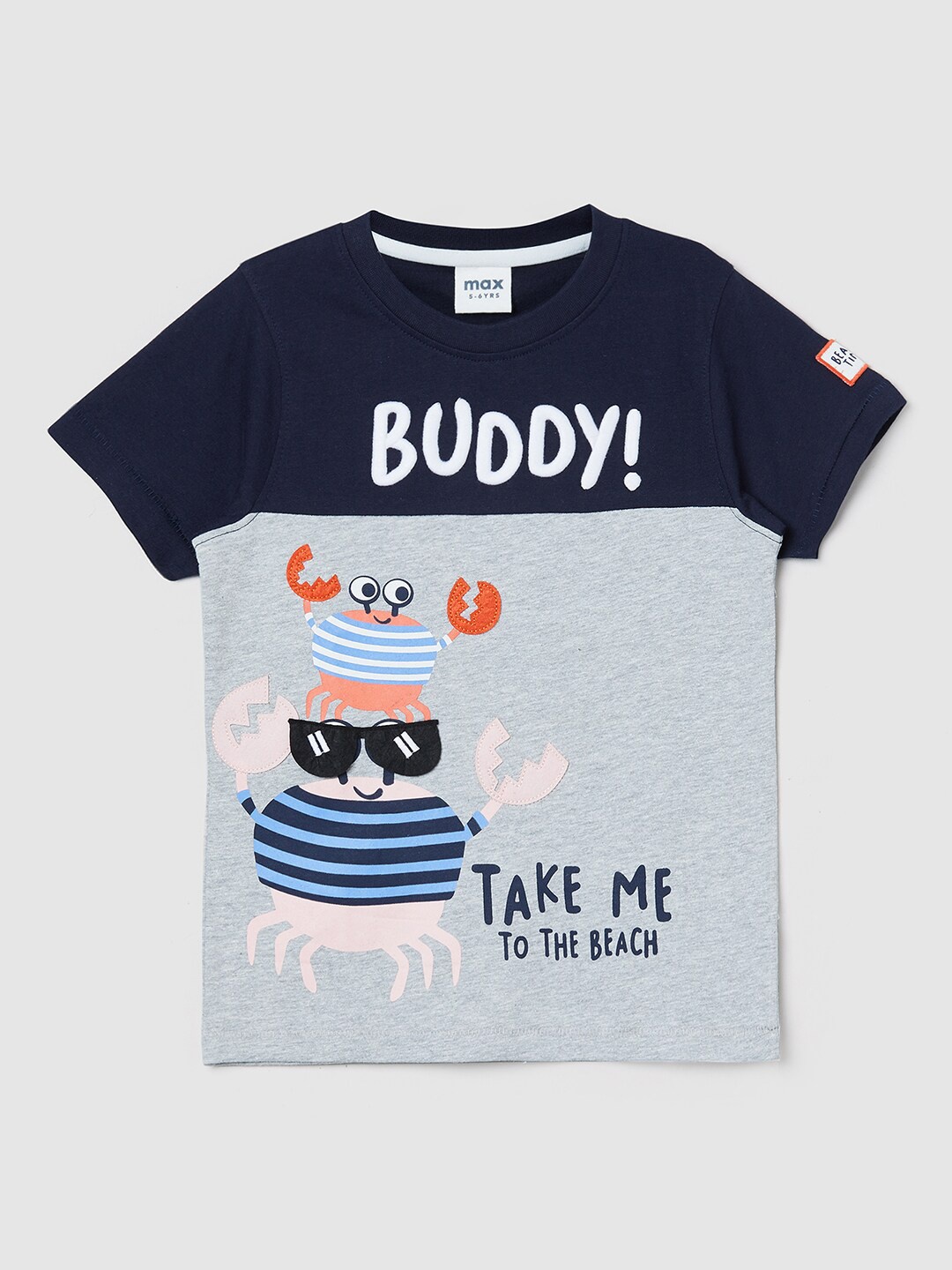 

max Boys Grey & Blue Typography Colourblocked Cotton T-shirt