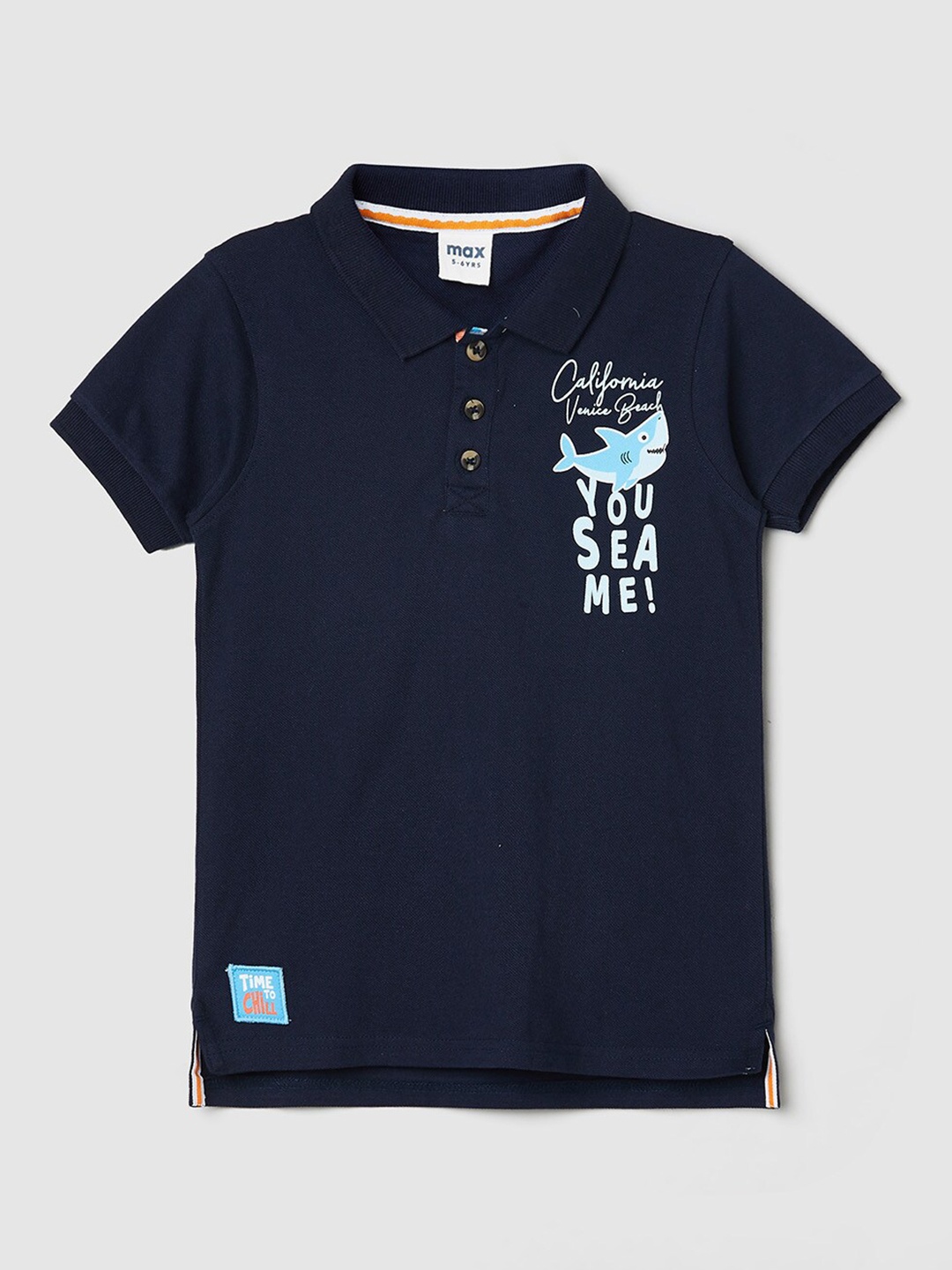 

max Boys Navy Blue Printed Polo Collar Pure Cotton T-shirt
