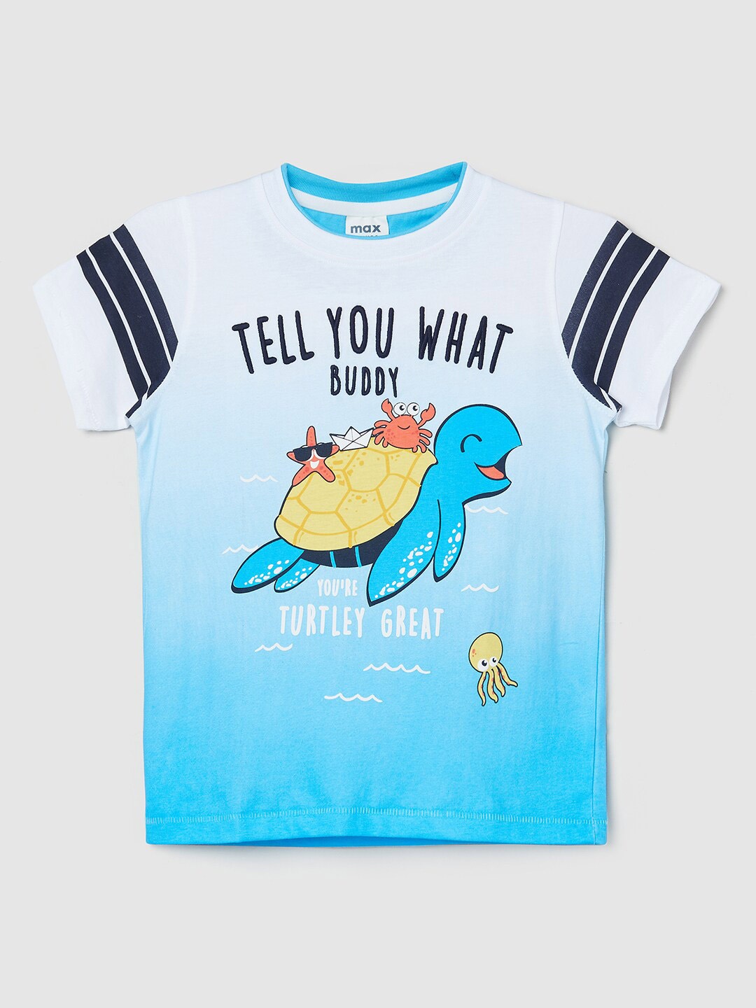 

max Boys Blue & White Typography Printed Pure Cotton T-shirt