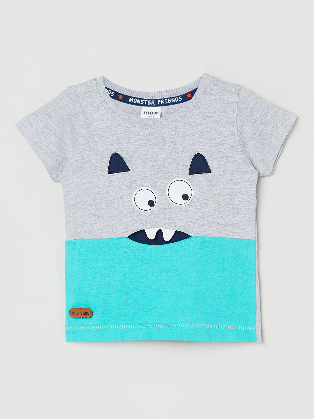 

max Boys Grey & Blue Printed Pure Cotton T-shirt