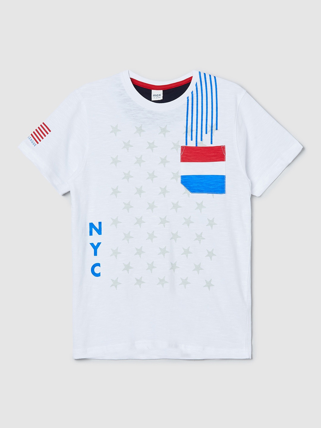

max Boys White & Blue Printed Cotton T-shirt
