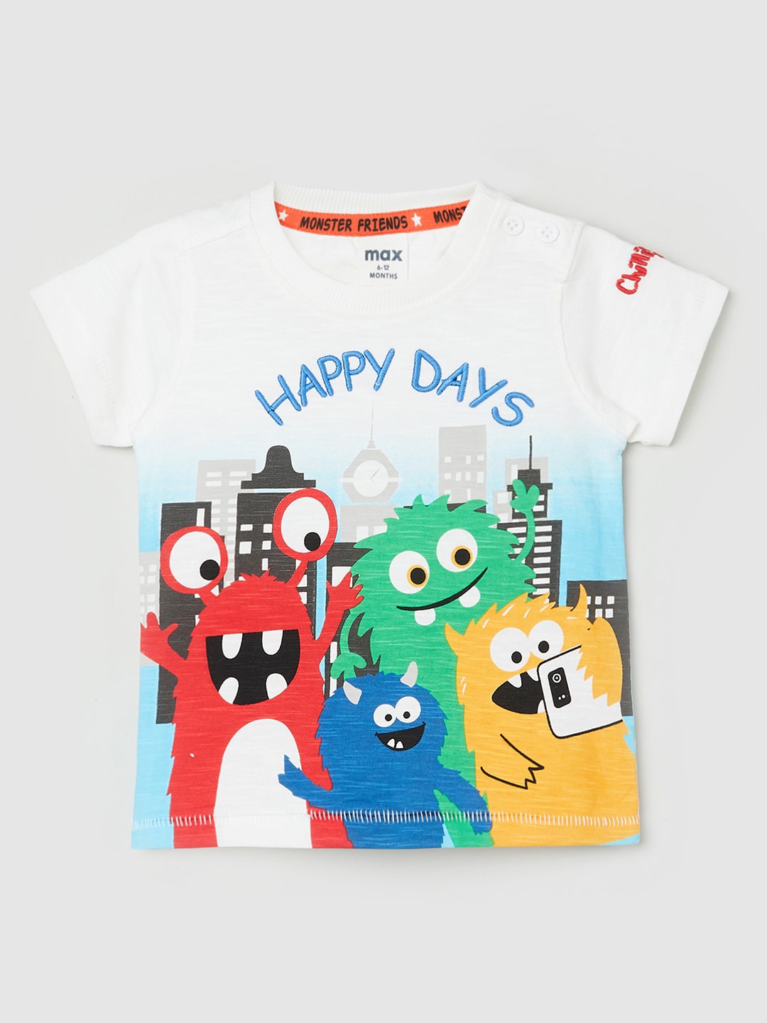 

max Boys White & Red Printed Cotton T-shirt