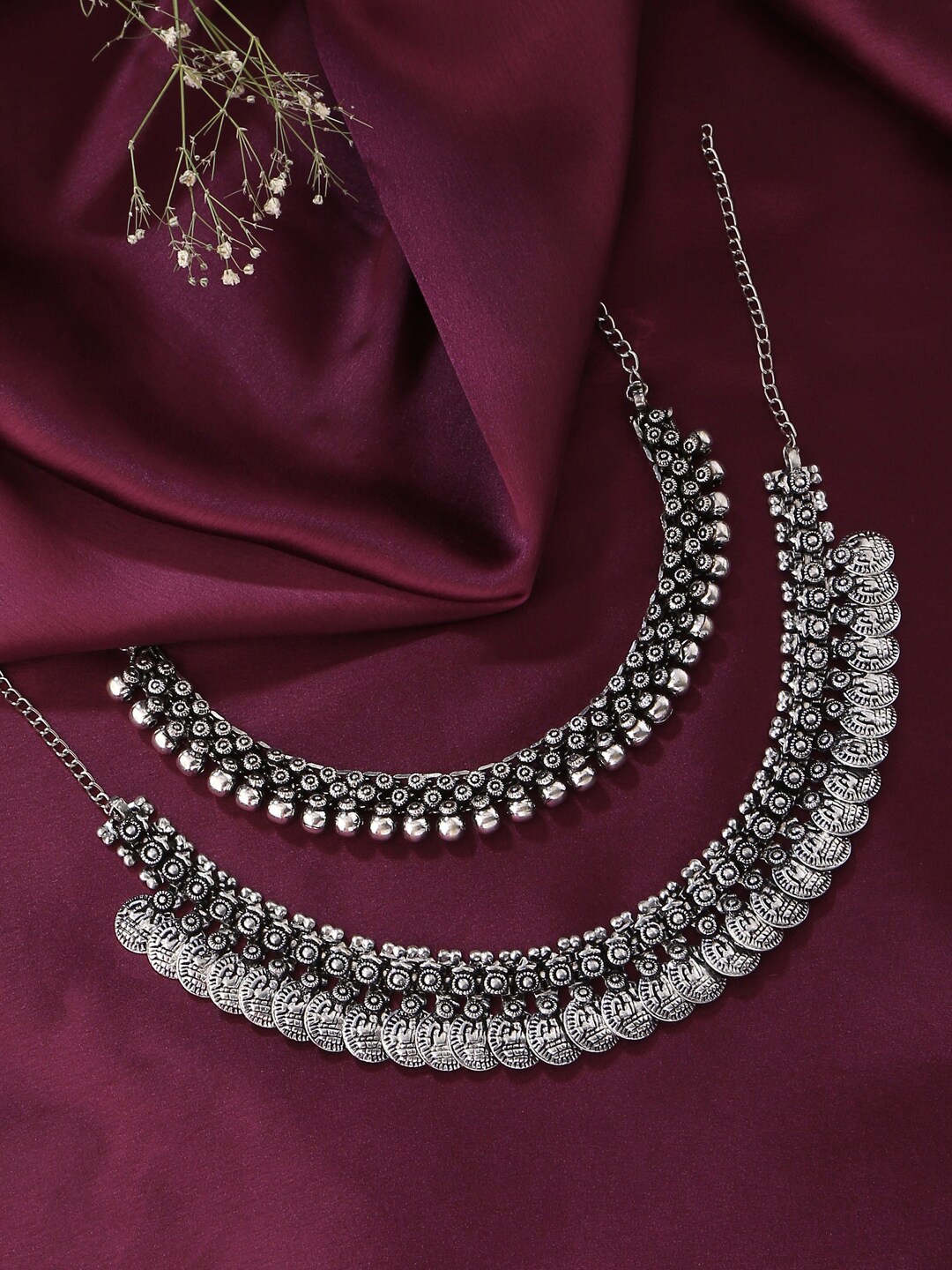

VIRAASI Set of 2 Oxidised Silver-Toned Brass Choker Necklaces