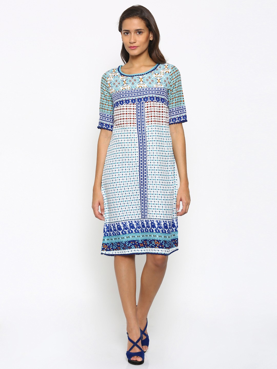 

Fusion Beats Women White & Blue Printed A-Line Dress