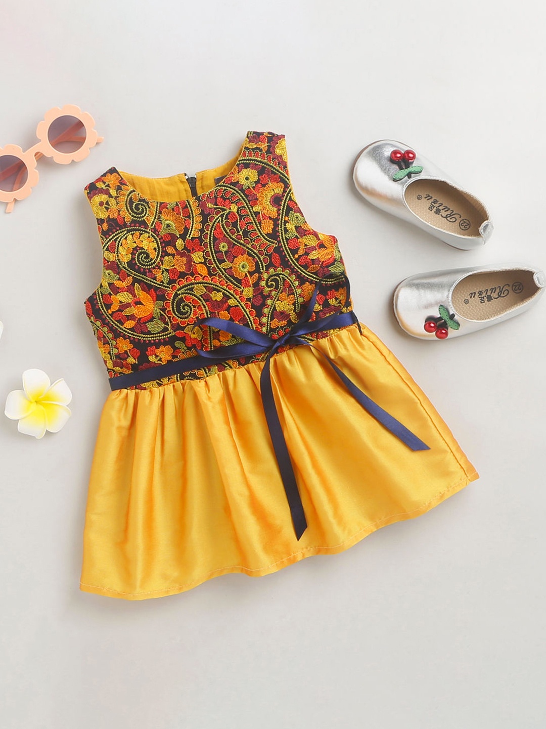 

Hopscotch Girls Yellow & Pink Embroidered Dress