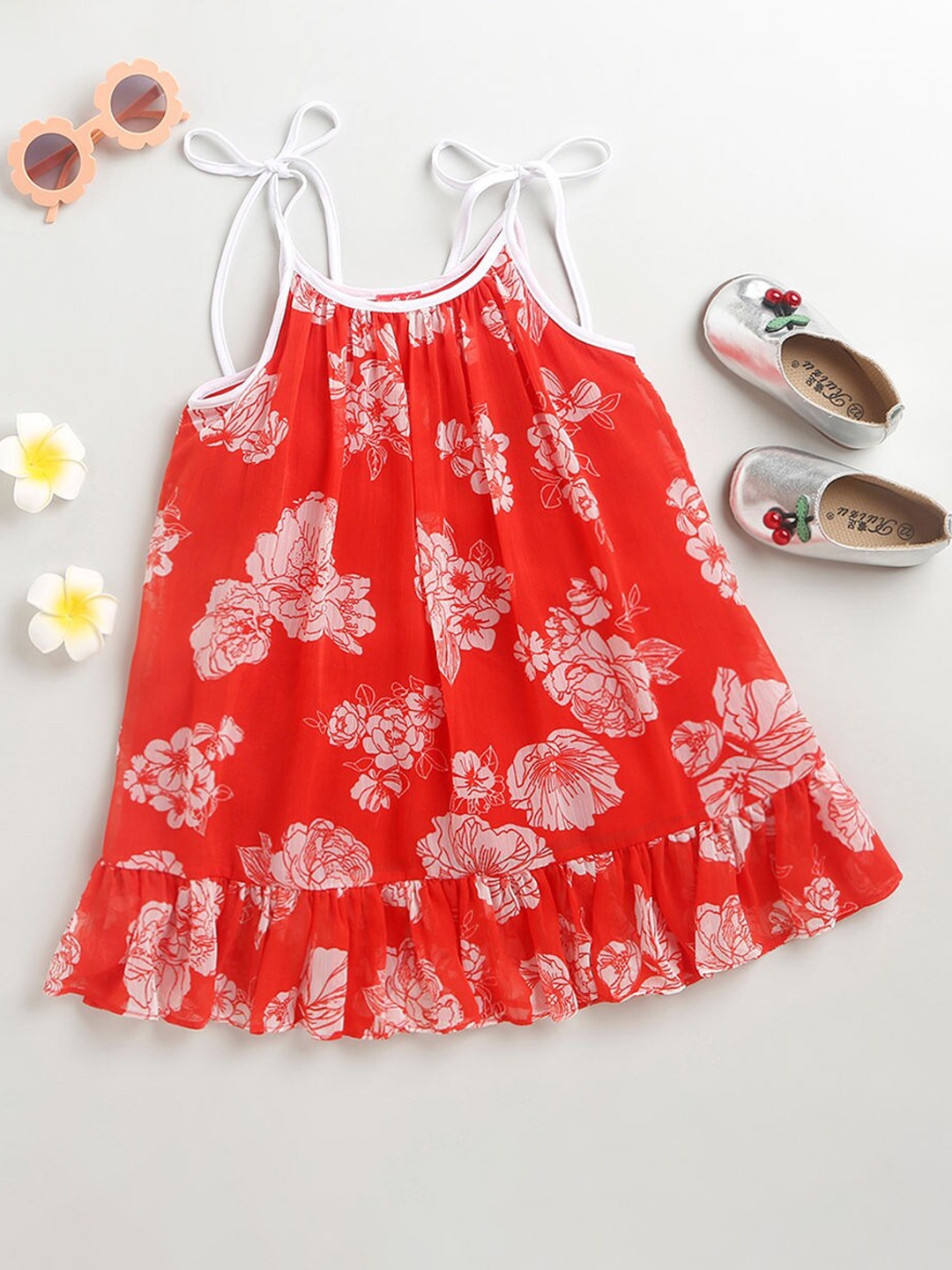 

Hopscotch Girls Red & White Floral Printed A-Line Dress