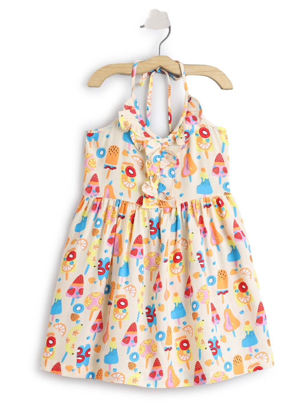 

Hopscotch Girls Off-White & Blue Conversational Printed Ruffled Fit & Flare Dress
