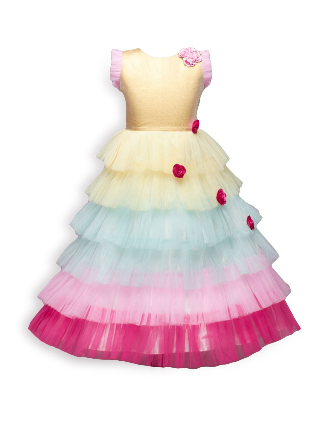

Hopscotch Girls Multicoloured Colourblocked Layered Net Maxi Dress, Multi