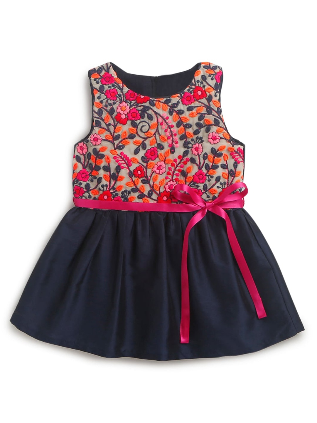 

Hopscotch Navy Blue & Pink Floral Embroidered Dress