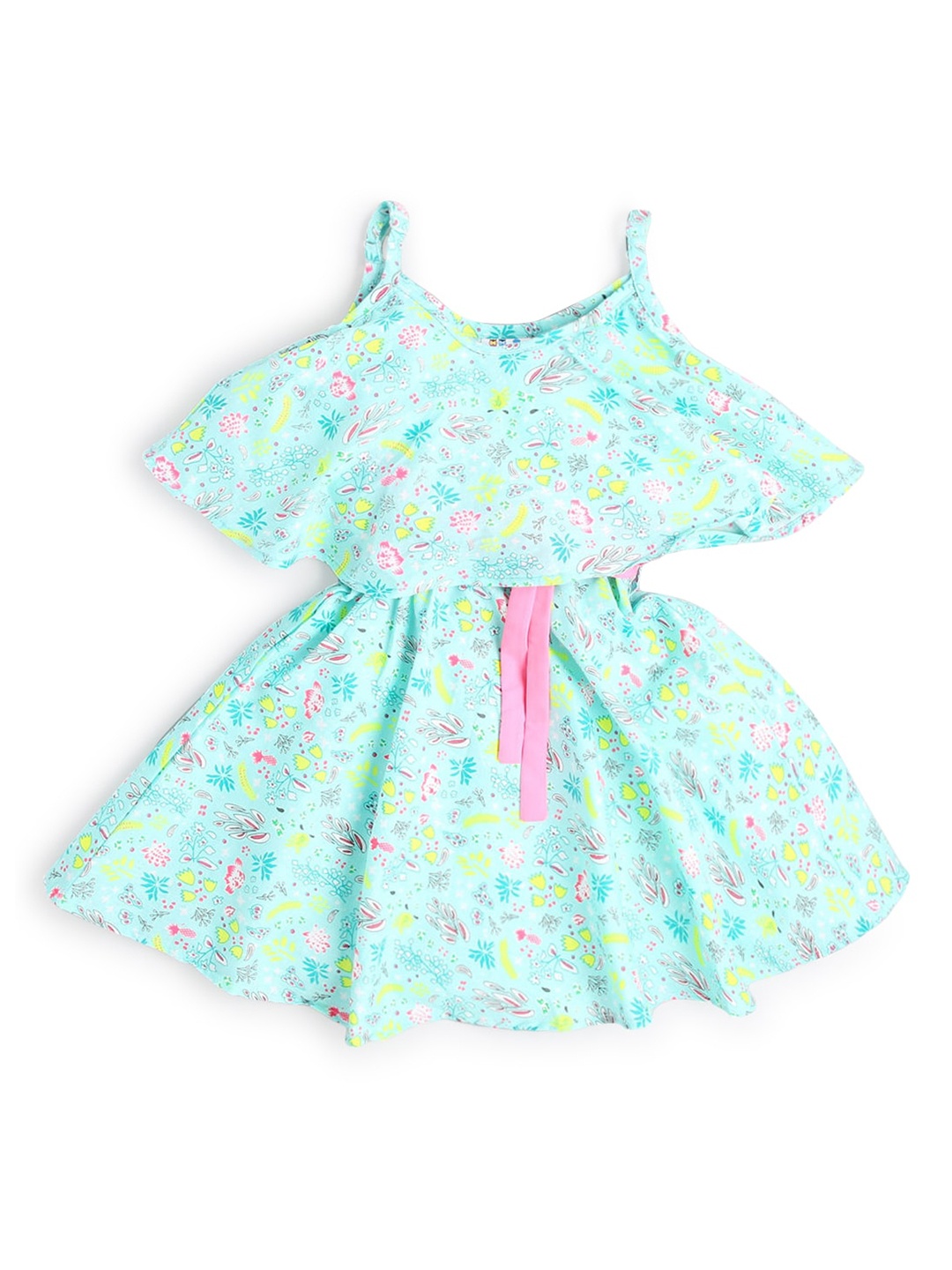 

Hopscotch Sea Green & Pink Floral Cotton A-Line Dress
