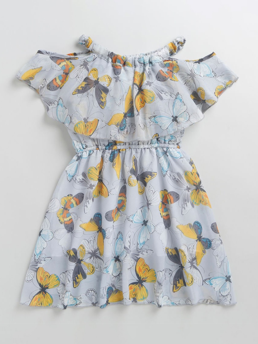

Hopscotch Girls Grey & Yellow Printed Cold Shoulder Fit & Flare Dress