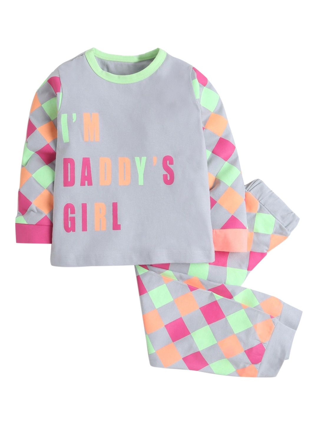 

Hopscotch Girls Grey & Pink Printed Pure Cotton Night Suit