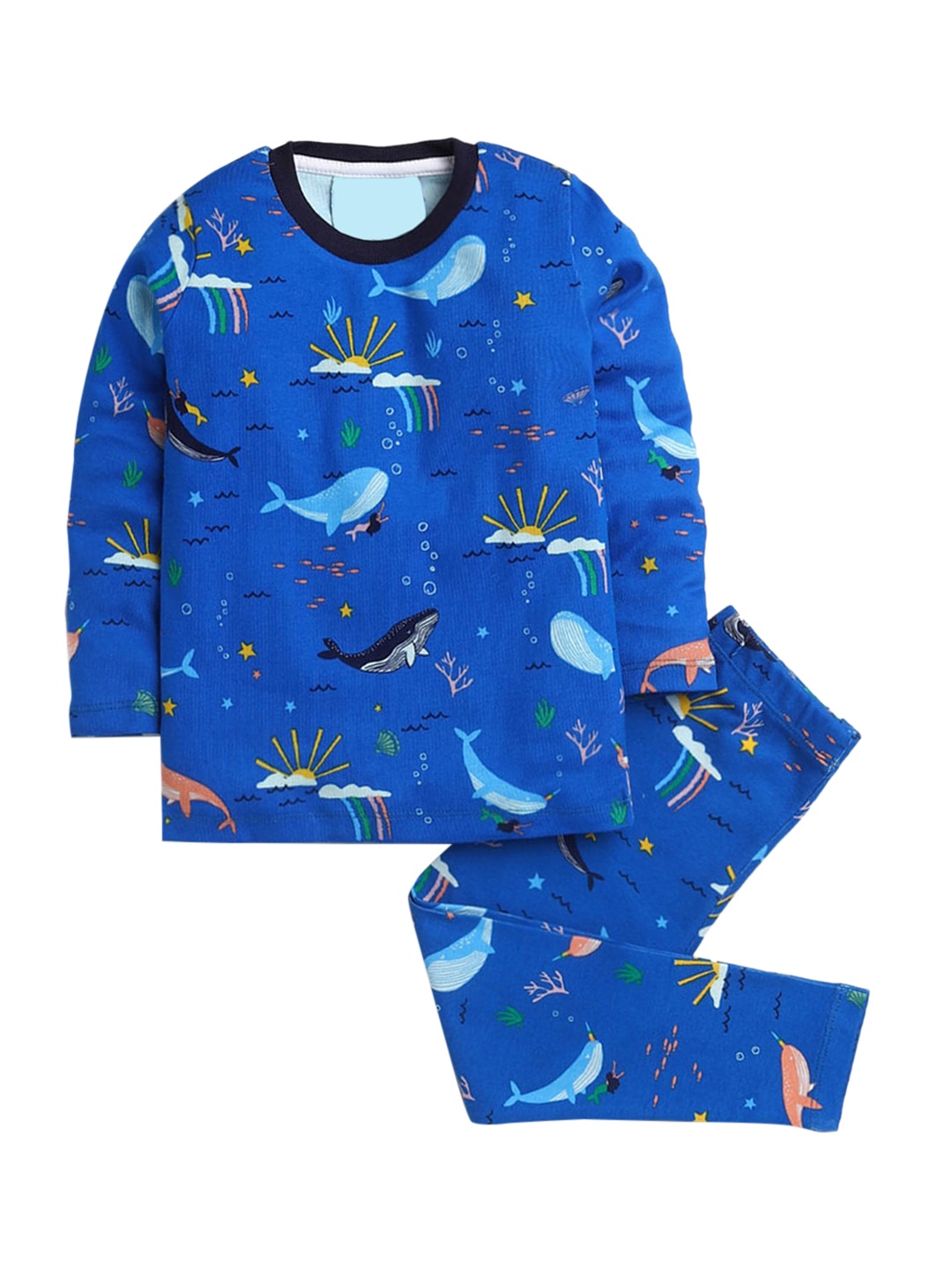 

Hopscotch Boys Blue & Yellow Printed Pure Cotton Night suit