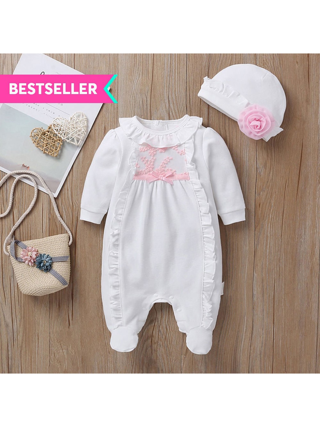 

Hopscotch Girls White Cotton Rompers With Cap