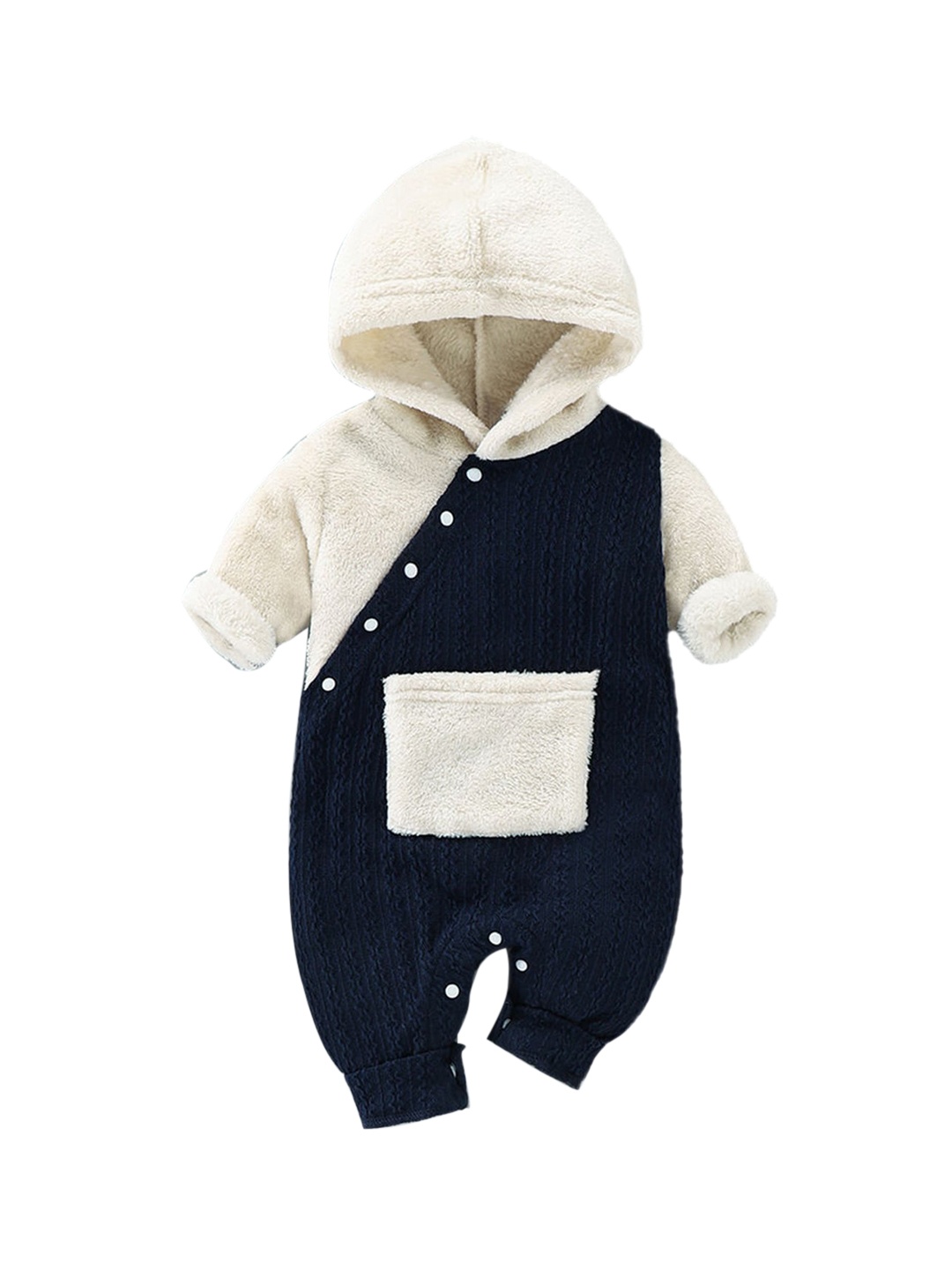 

Hopscotch Boys Navy Blue Colourblocked Hooded Rompers