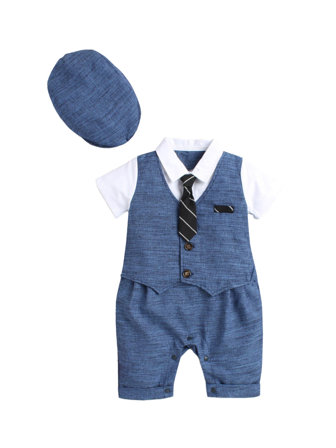 

Hopscotch Boys Blue & White Solid Romper With a Necktie & Cap