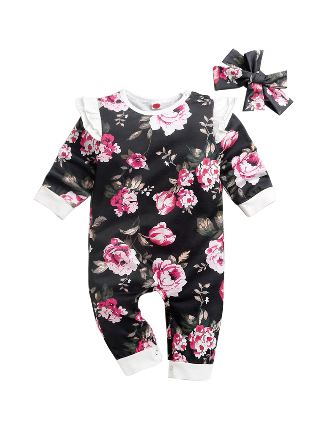 

Hopscotch Girls Black Floral Printed Romper With Hairband