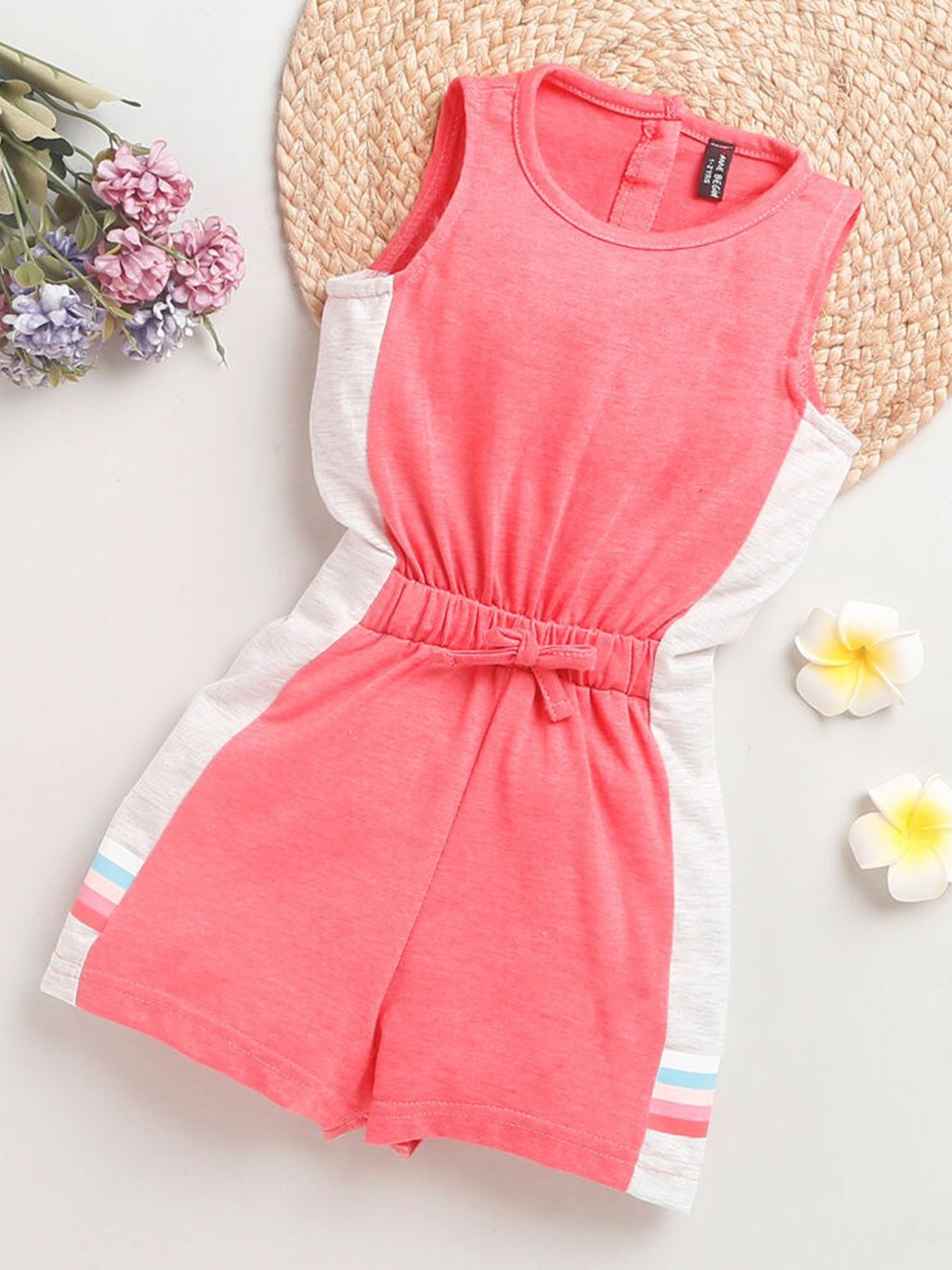 

Hopscotch Girls Peach-Coloured & White Colourblocked Pure Cotton Playsuit