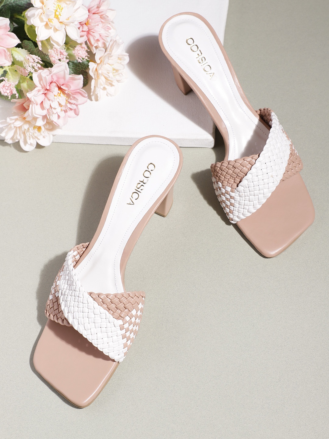 

CORSICA Women Peach-Coloured & White Colourblocked Woven Design Block Heels
