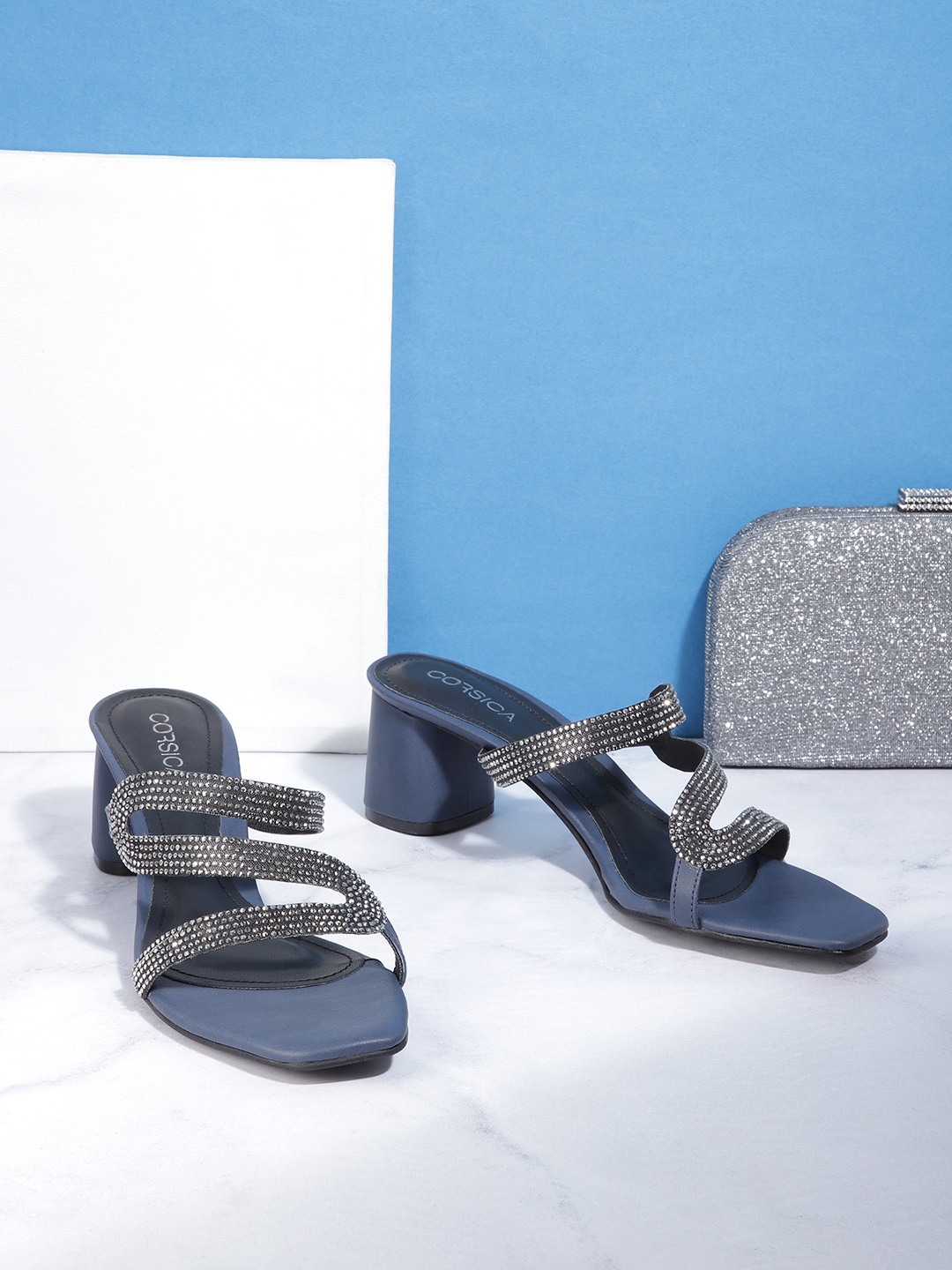 

CORSICA Navy Blue Embellished Party Block Heels