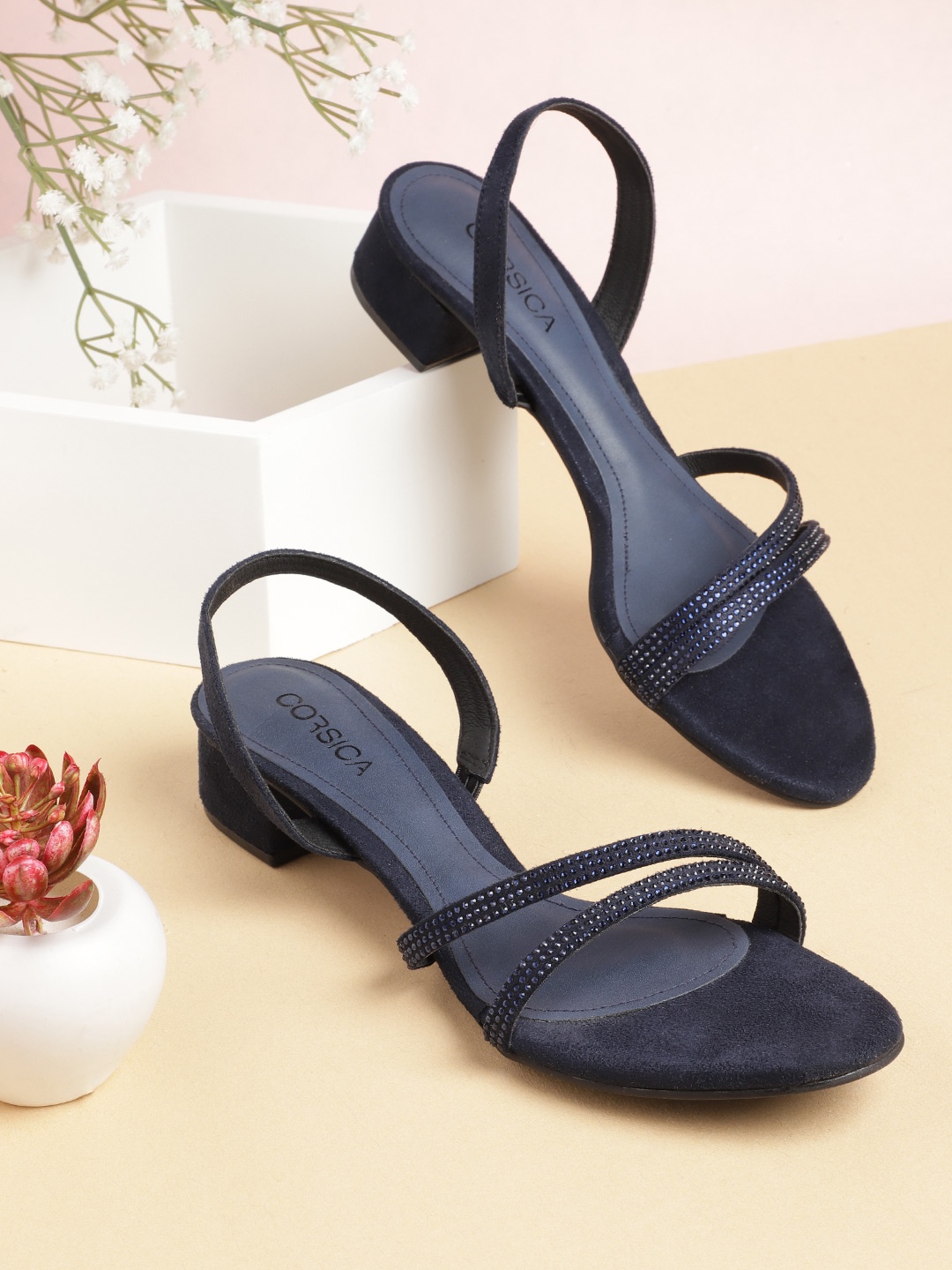 

CORSICA Women Navy Blue Stone Embellished Party Block Heelsls