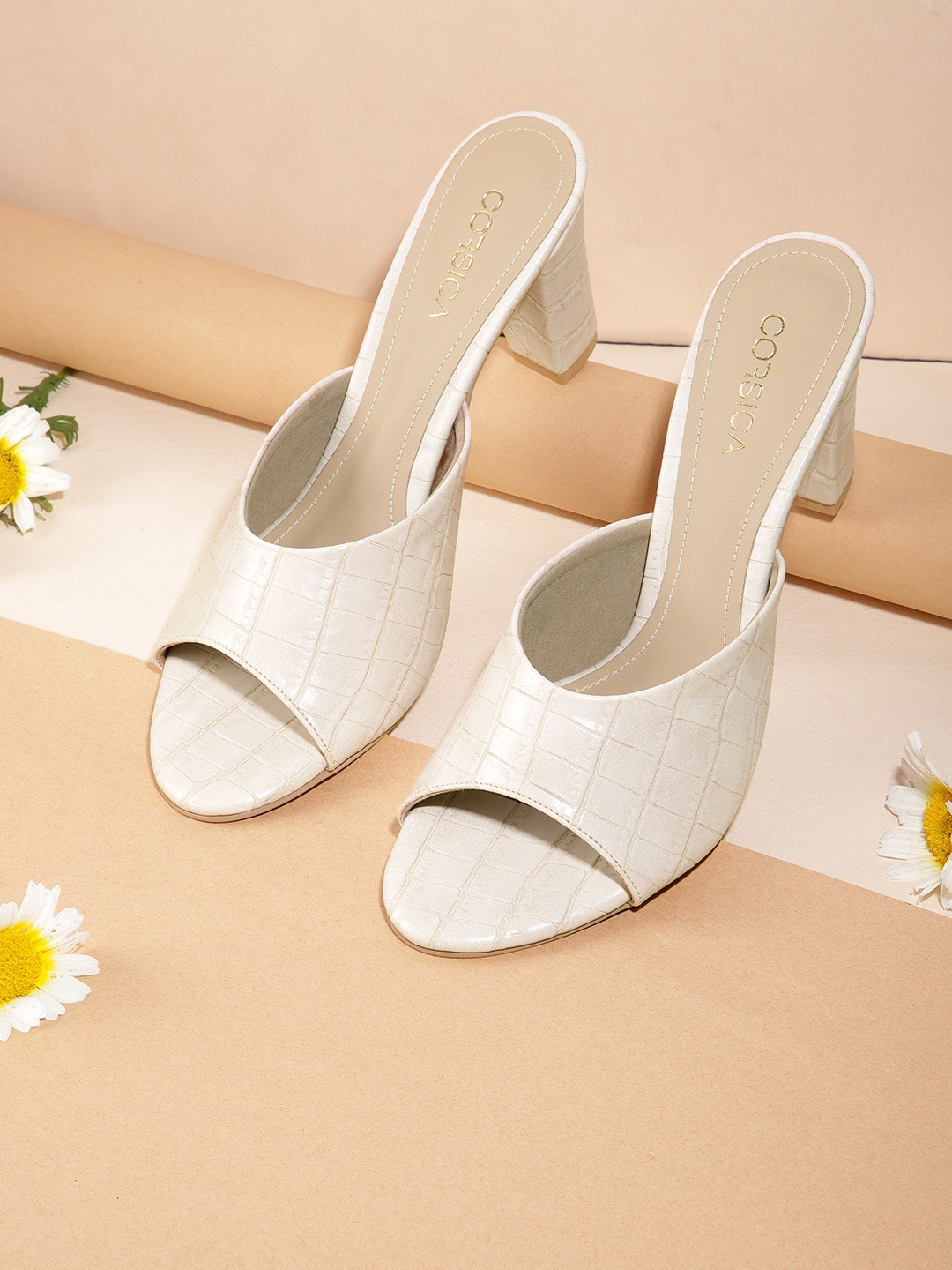 

CORSICA Off White Croc Textured Block Heels