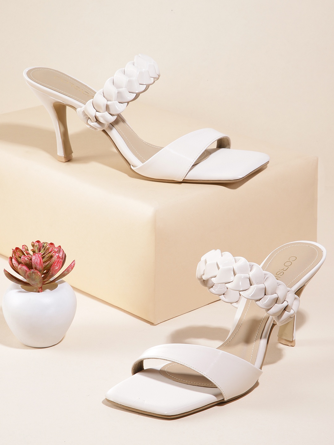CORSICA Woven Design Slim Heel Sandals, Off white