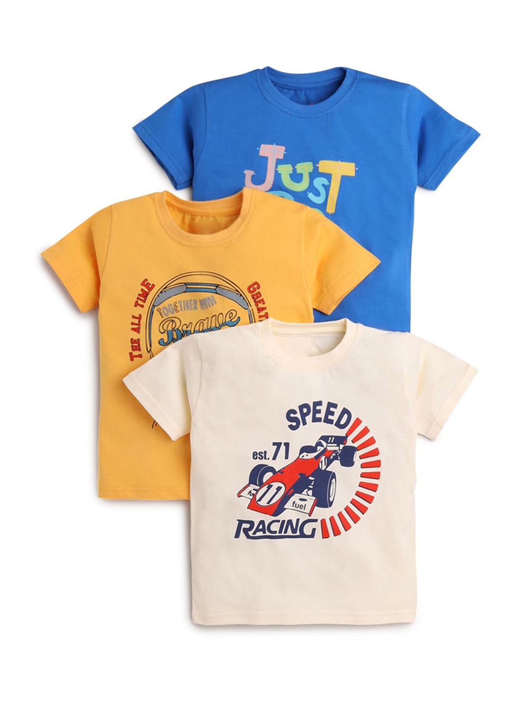 

Hopscotch Boys Yellow & Blue Typography Printed Pure Cotton T-shirt Pack Of 3