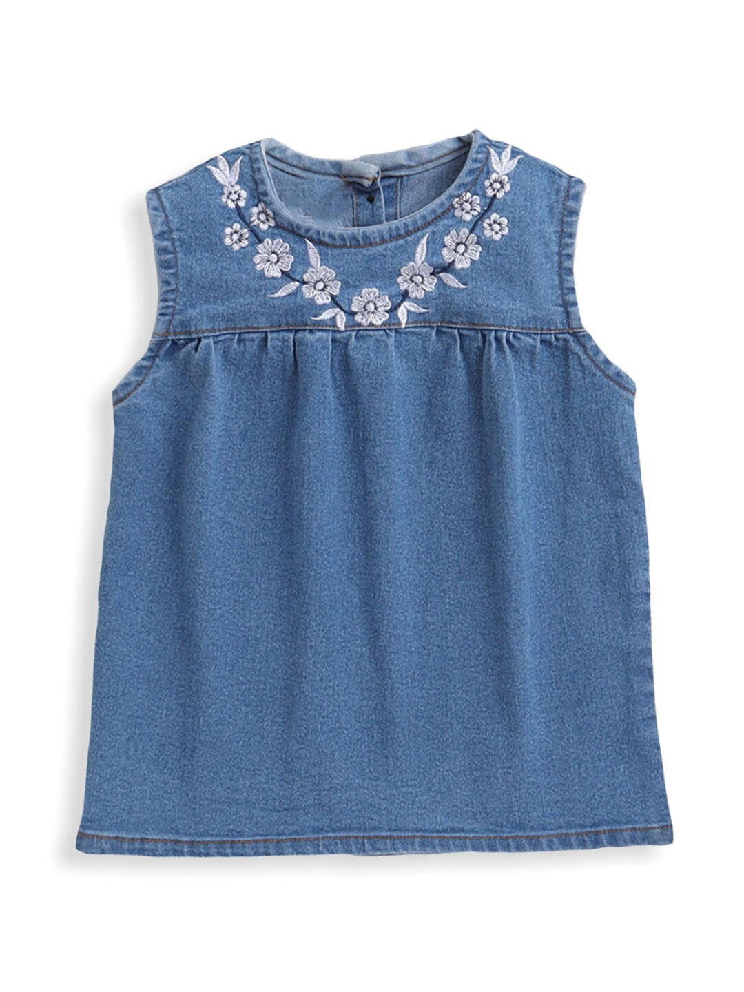 

Hopscotch Girls Blue & White Embroidered Pure Cotton Denim Top