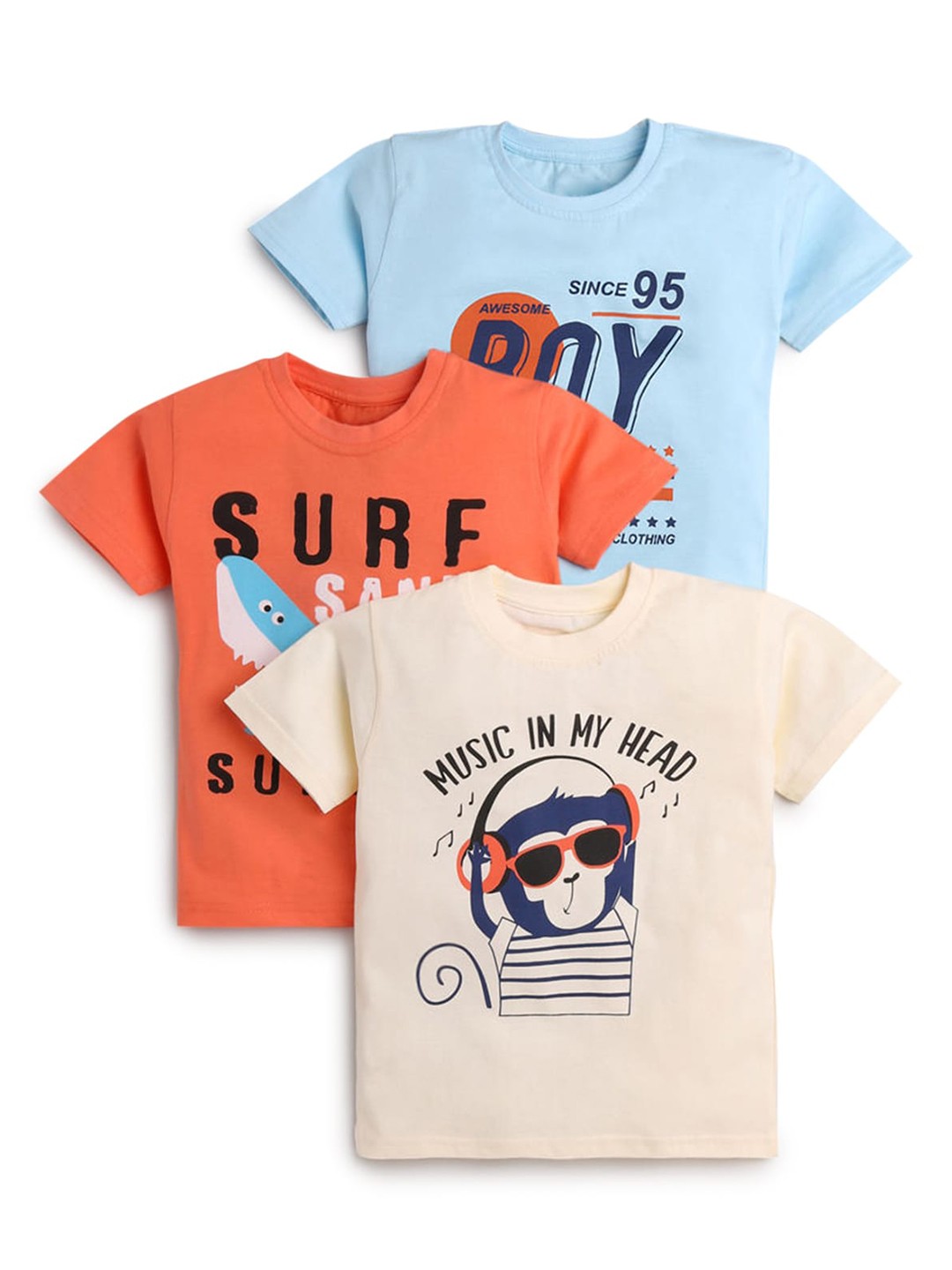 

Hopscotch Boys Blue & Beige Pack of 3 Printed T-shirt