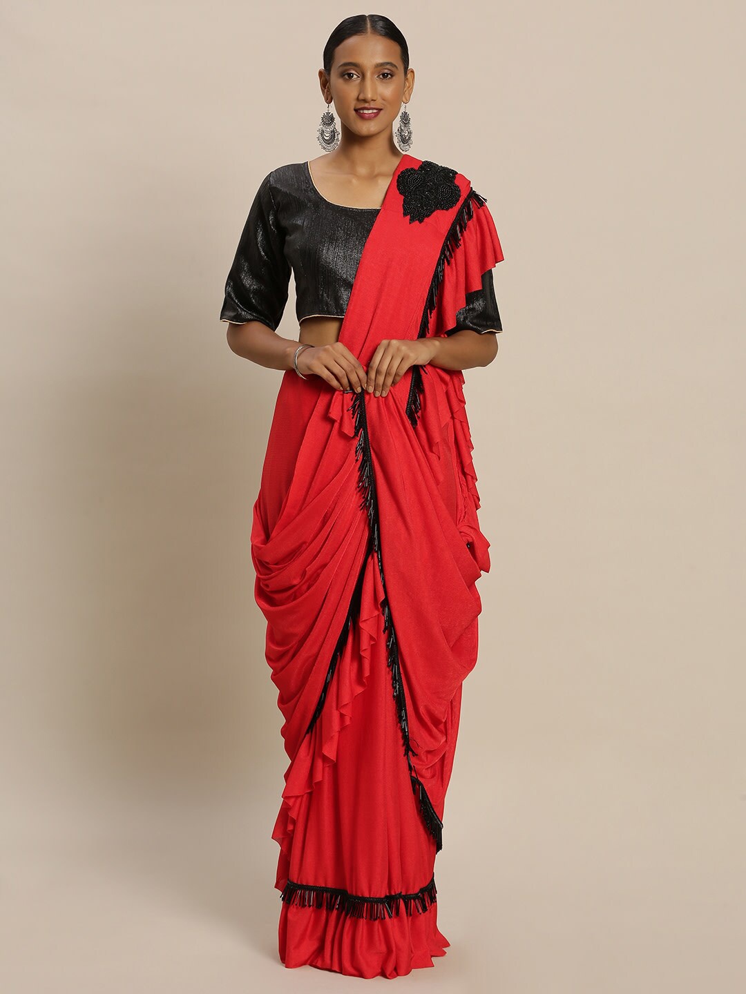 

KALINI Red & Black Solid Art Silk Saree