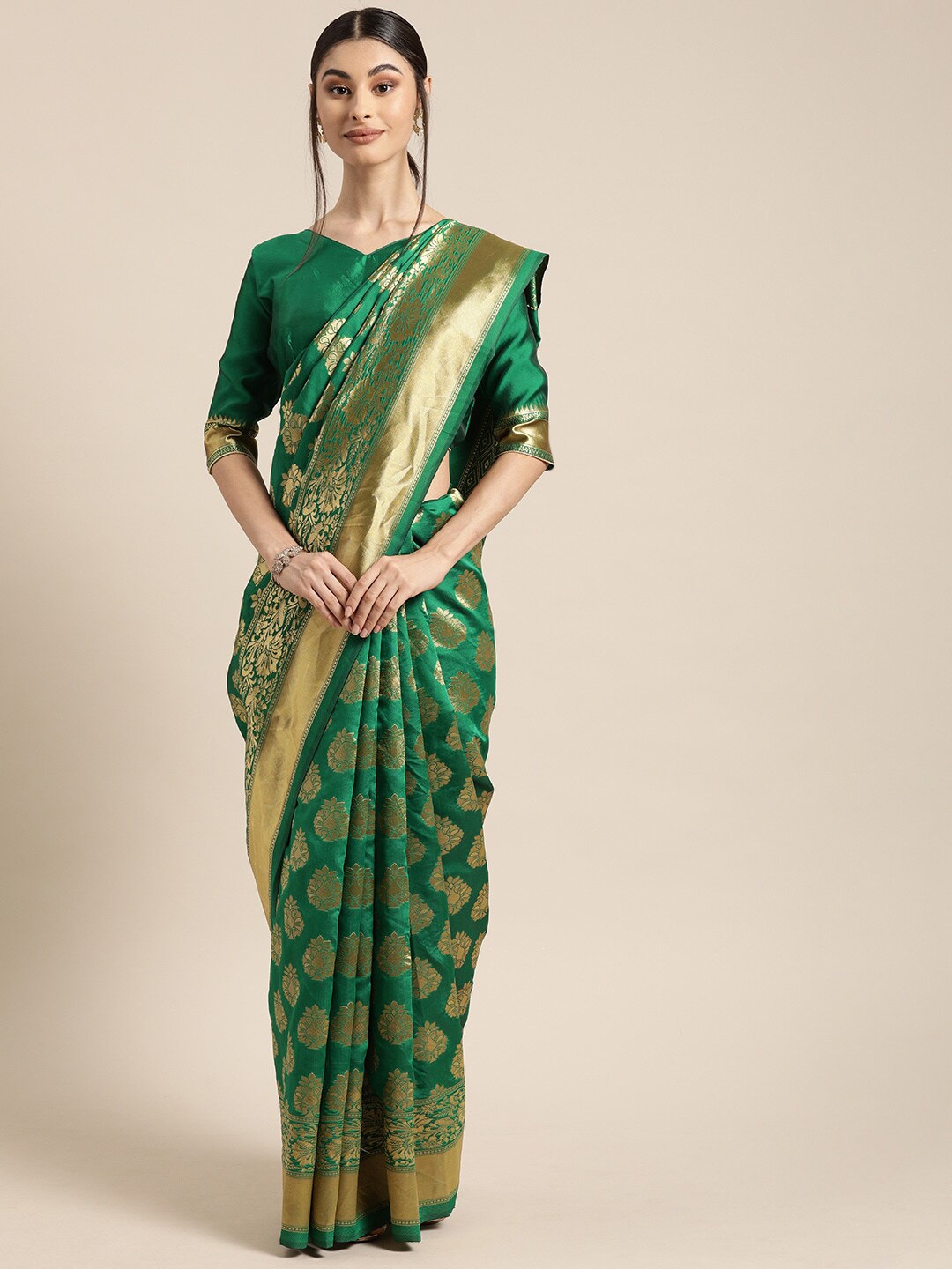 

KALINI Green & Gold-Toned Ethnic Motifs Zari Silk Blend Banarasi Saree