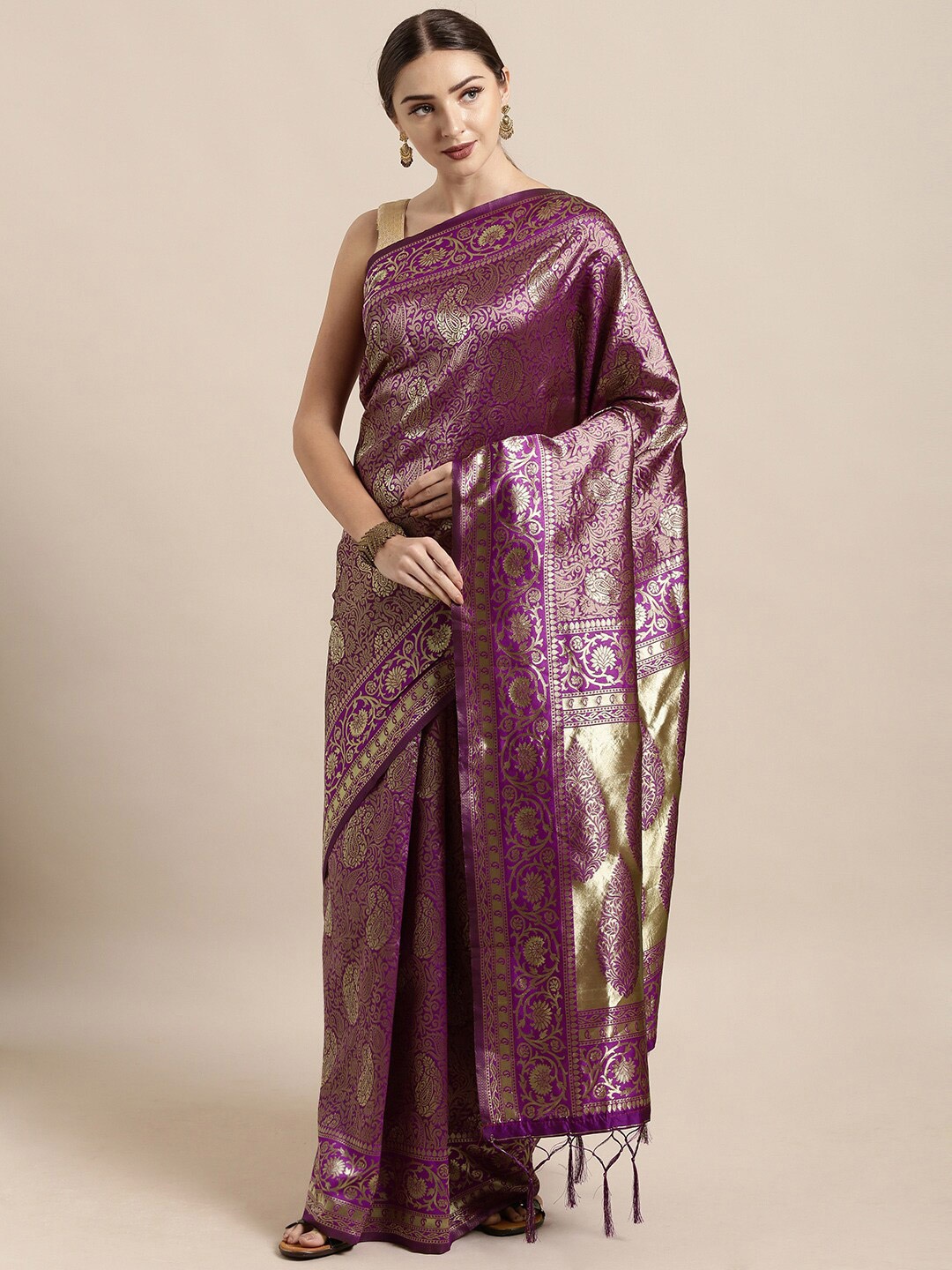 

KALINI Burgundy & Gold-Toned Woven Design Zari Silk Blend Banarasi Saree