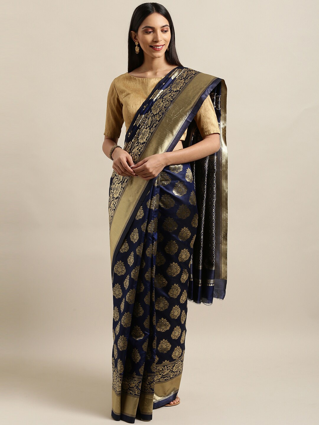 

KALINI Blue & Gold-Toned Woven Design Zari Silk Blend Banarasi Saree