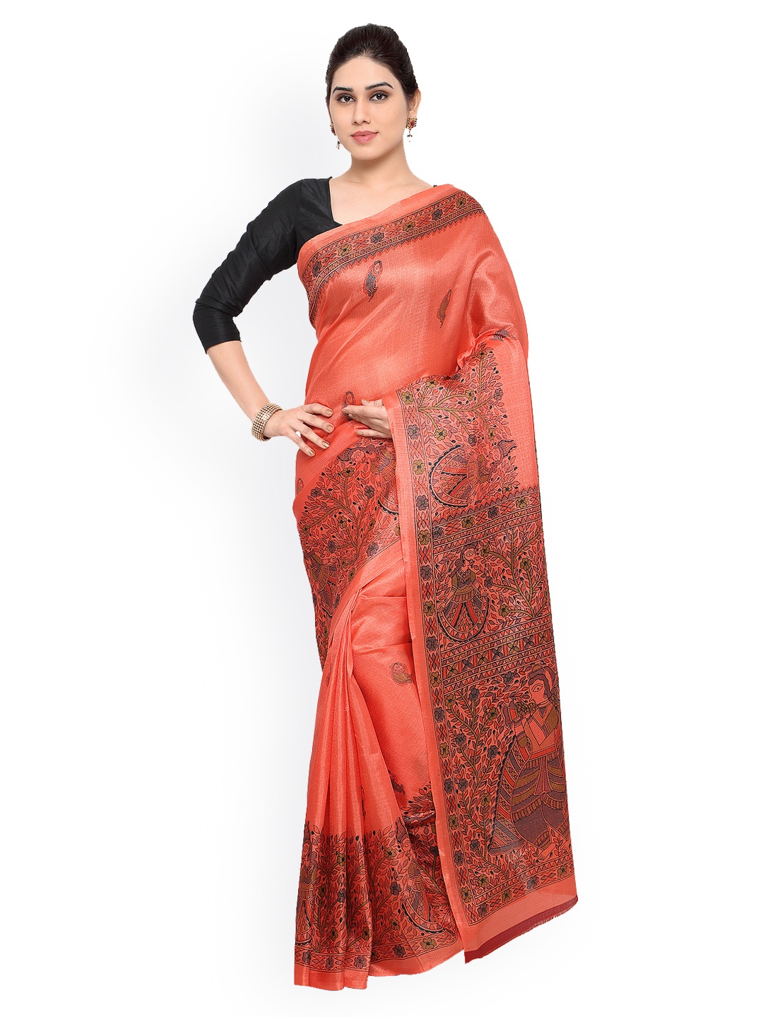 

Saree mall Peach-Coloured Art Silk Madhubani Print Saree