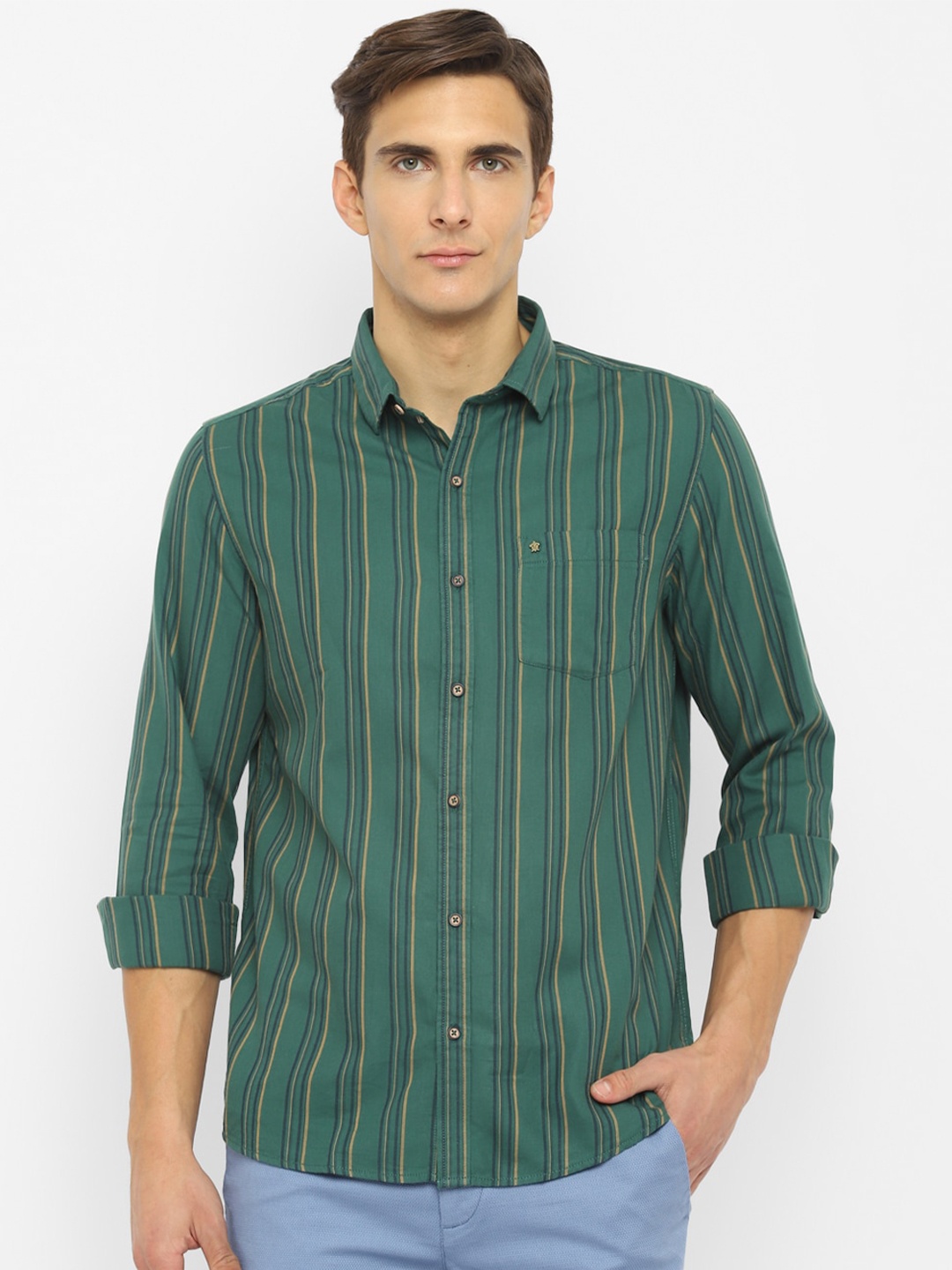 

Turtle Men Green & Yellow Slim Fit Striped Cotton Casual Shirt