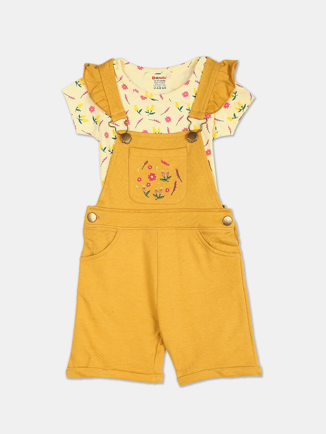 

Donuts Girls Yellow Printed T-shirt with Embroidered Dungaree