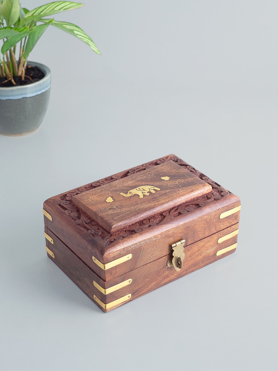 

Golden Peacock Brown Rectangular Wooden Solid Jewellery Organizer Box