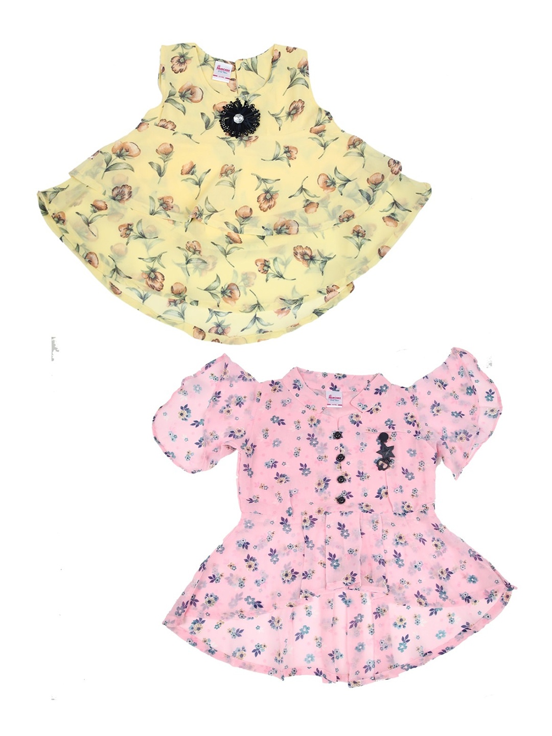 

V-Mart Girls Pack of 2 Pink & Yellow Floral Print Pure Cotton Tops