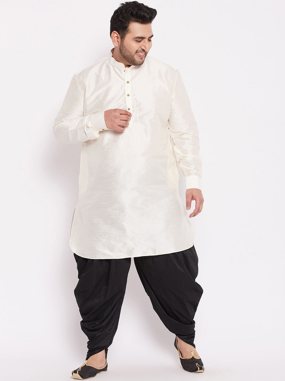 

VASTRAMAY Plus Size Men Cream & Black Kurta with Dhoti Pants