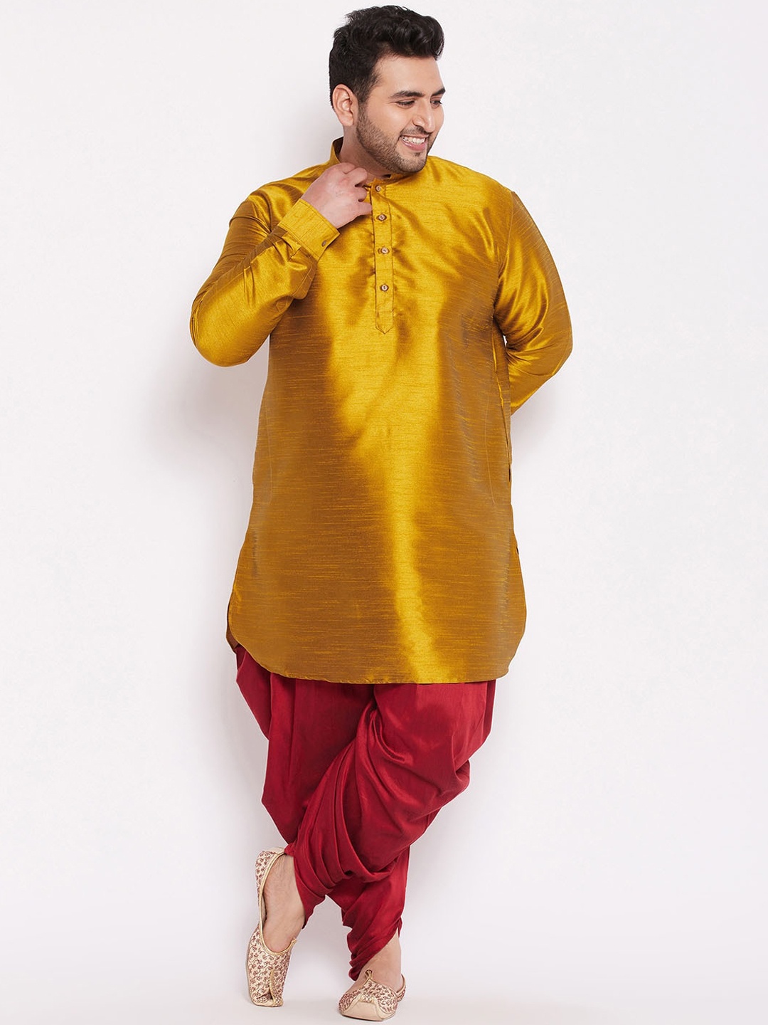 

VASTRAMAY Plus Size Men Mustard Yellow Kurta with Dhoti Pants