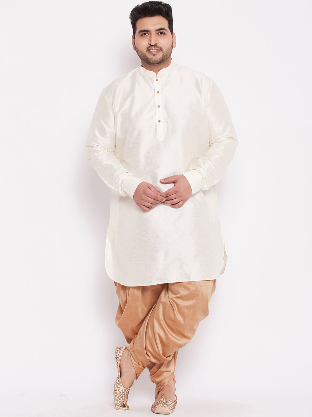 

VASTRAMAY Plus Size Men Cream-Coloured & Gold-Toned Kurta with Dhoti Pants