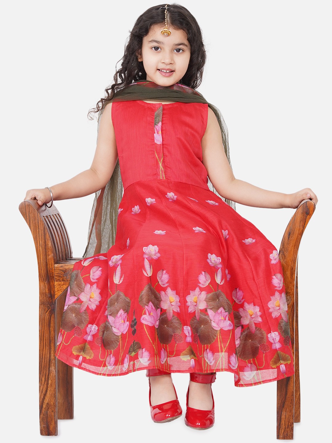 

Bitiya by Bhama Girls Red Ethnic Motifs Printed Chanderi Cotton Kurta with Churidar & With Dupatta