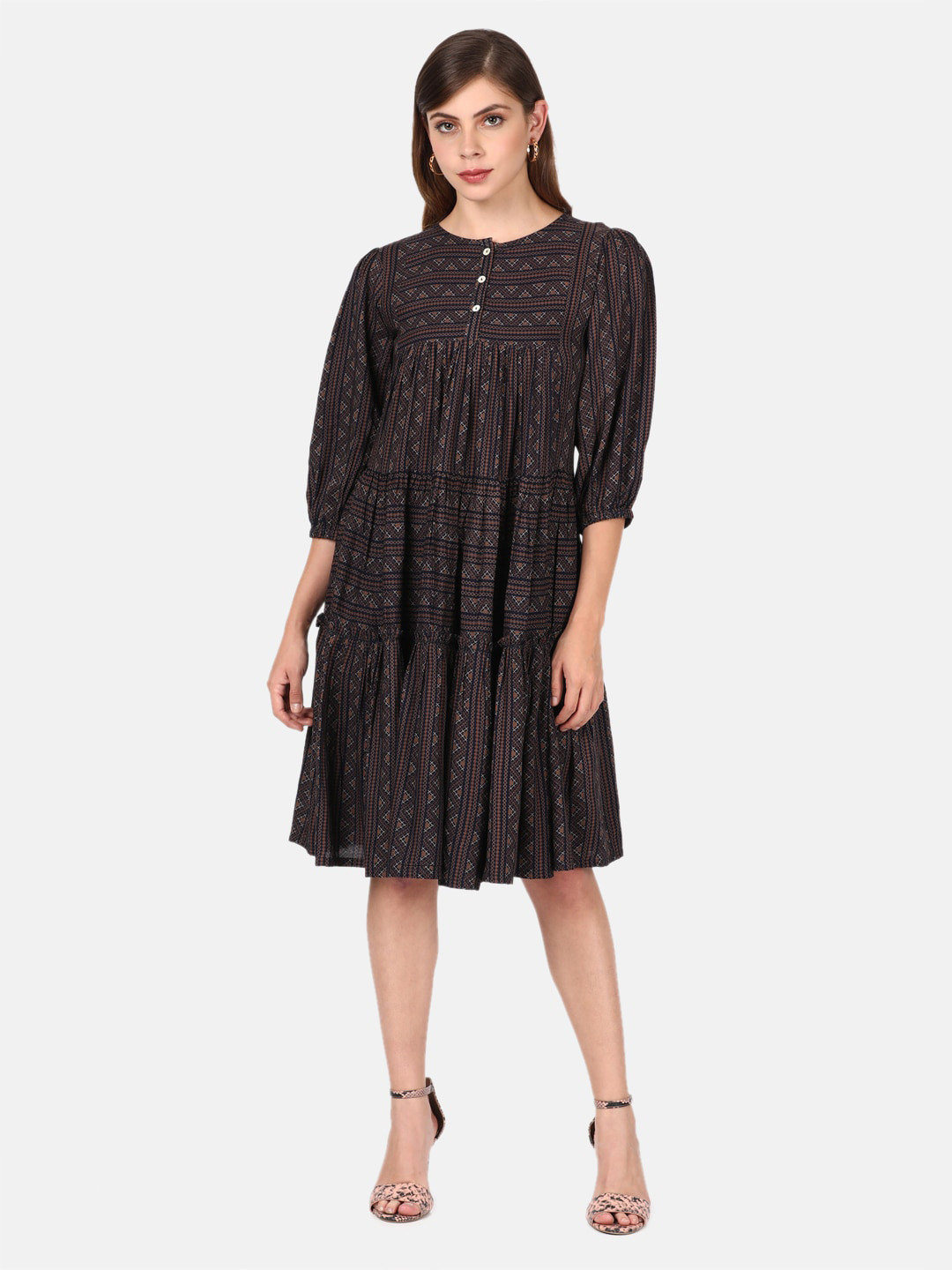 

UNTUNG Women Navy Blue Printed Cotton A-Line Dress