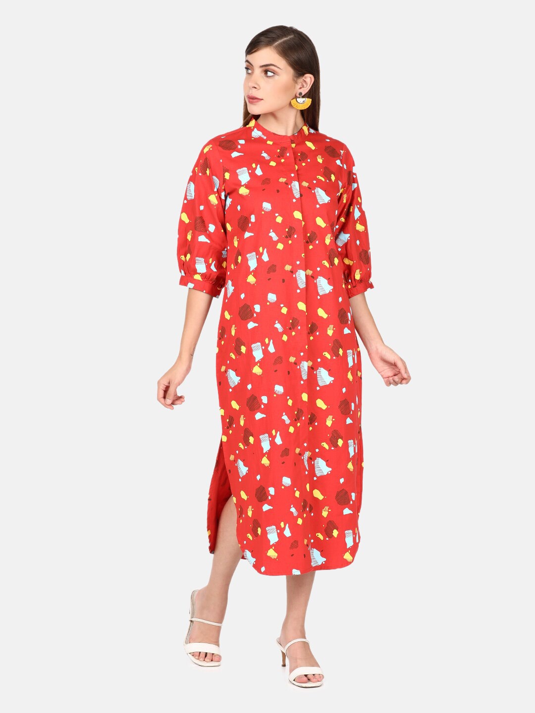 

UNTUNG Orange Printed Shirt Midi Dress