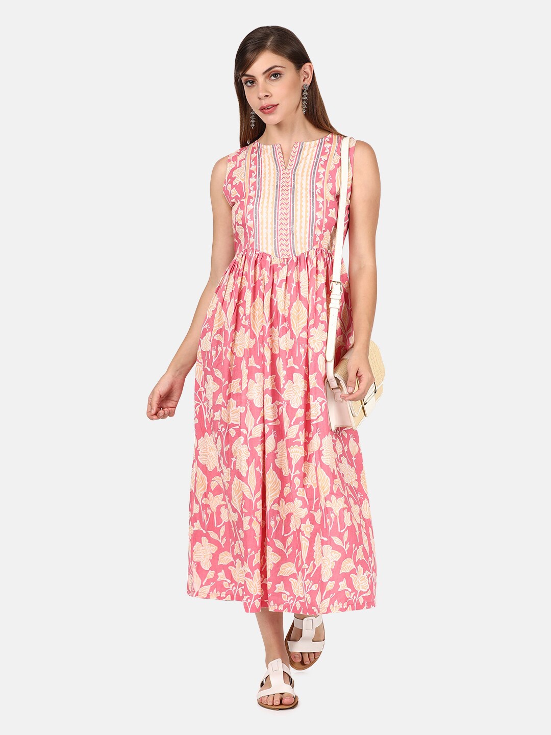 

UNTUNG Peach-Coloured Floral Printed A-Line Midi Dress