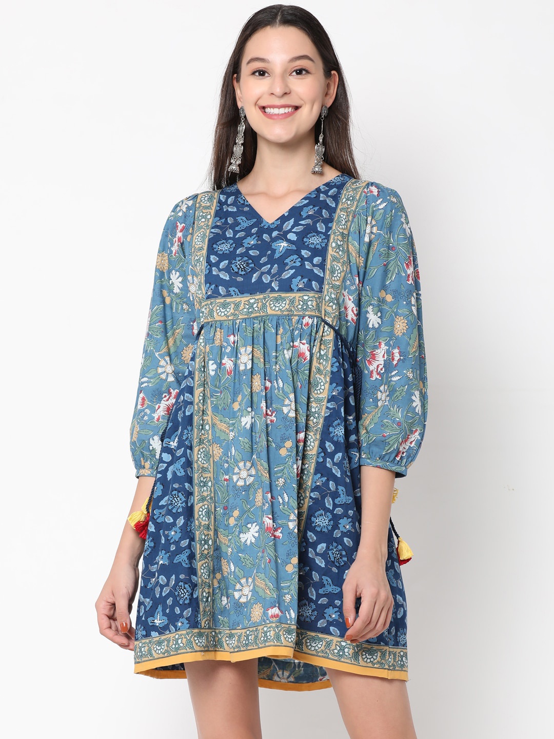 

UNTUNG Women Blue Ethnic Motifs Cotton Empire Dress