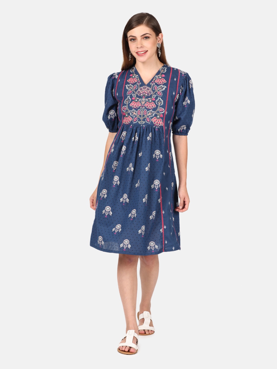 

UNTUNG Blue & White Ethnic Motifs Embroidered Cotton A-Line Dress